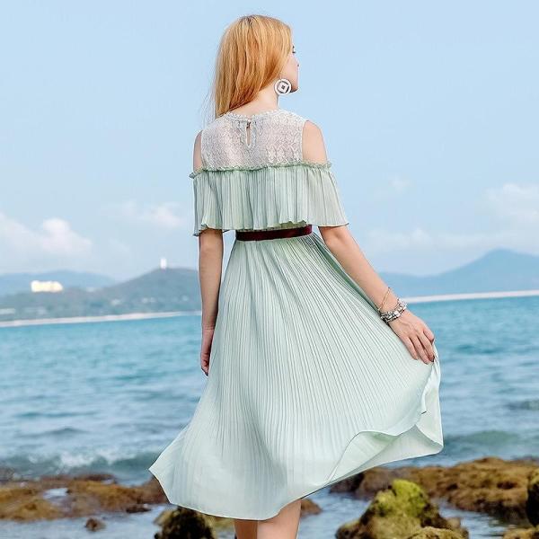 レディース　ショルダーカット　肩出し　肩見せ　オフショルダー　シフォン　ワンピース　ドレス　ミモレ丈　春　夏　スカート　カジュアル　キュート　可愛い　フェミニン　きれいめ　上品　エレガント　おしゃれ　お出かけ　グリーン　S　M　L　XL　サイズ　送料無料