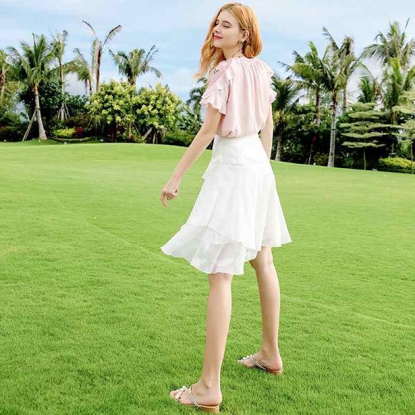 レディース　透け感　透け素材　ミディ丈　シフォン　スカート　ハイウエスト　春　夏　ボトムス　カジュアル　キュート　大人　可愛い　フェミニン　きれいめ　おしゃれ　お出かけ　デイリー　オフィス　普段着　ホワイト　S　M　L　XL　サイズ　送料無料