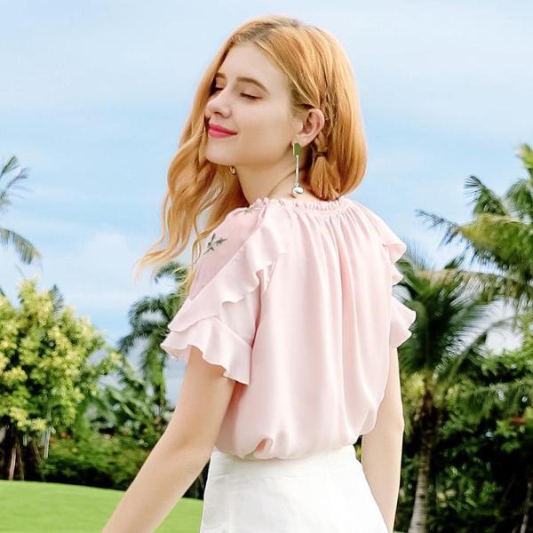 レディース　フレアスリーブ　ボリュームスリーブ　ブラウス　シャツ　ラウンドネック　半袖　春　夏　トップス　カジュアル　キュート　可愛い　フェミニン　きれいめ　上品　エレガント　おしゃれ　お出かけ　デイリー　普段着　ピンク　S　M　L　サイズ　送料無料