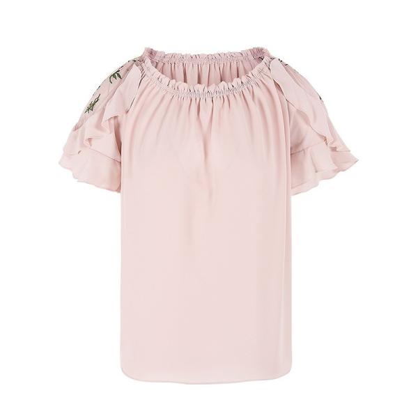 レディース　フレアスリーブ　ボリュームスリーブ　ブラウス　シャツ　ラウンドネック　半袖　春　夏　トップス　カジュアル　キュート　可愛い　フェミニン　きれいめ　上品　エレガント　おしゃれ　お出かけ　デイリー　普段着　ピンク　S　M　L　サイズ　送料無料