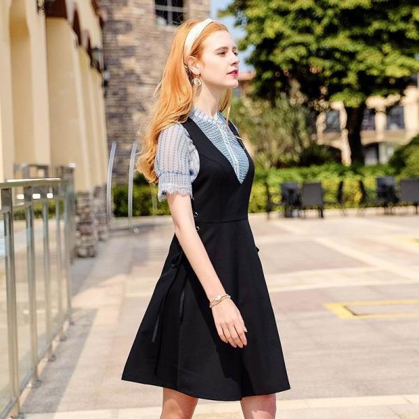 レディース　Vネック　ジャンパースカート　サロペット　オールインワン　レースアップ　シンプル　無地　スカート　ボトムス　カジュアル　キュート　可愛い　フェミニン　おしゃれ　お出かけ　デイリー　普段着　春　夏　ブラック　S　M　L　XL　サイズ　送料無料