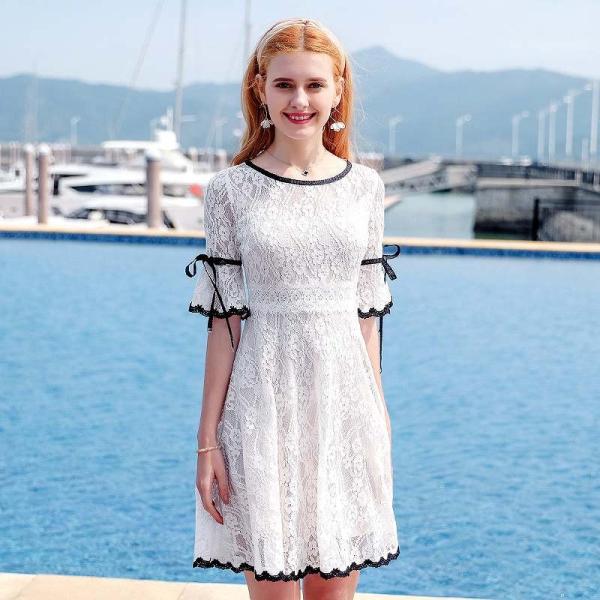 レディース　キャンディスリーブ　ボリュームスリーブ　レース　ワンピース　ドレス　ひざ上丈　ミニ丈　春　夏　スカート　カジュアル　キュート　可愛い　フェミニン　きれいめ　上品　エレガント　おしゃれ　お出かけ　ホワイト　S　M　L　XL　サイズ　送料無料