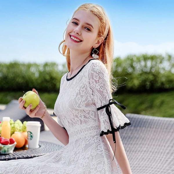 レディース　キャンディスリーブ　ボリュームスリーブ　レース　ワンピース　ドレス　ひざ上丈　ミニ丈　春　夏　スカート　カジュアル　キュート　可愛い　フェミニン　きれいめ　上品　エレガント　おしゃれ　お出かけ　ホワイト　S　M　L　XL　サイズ　送料無料