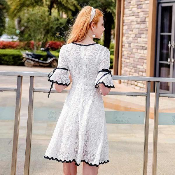 レディース　キャンディスリーブ　ボリュームスリーブ　レース　ワンピース　ドレス　ひざ上丈　ミニ丈　春　夏　スカート　カジュアル　キュート　可愛い　フェミニン　きれいめ　上品　エレガント　おしゃれ　お出かけ　ホワイト　S　M　L　XL　サイズ　送料無料