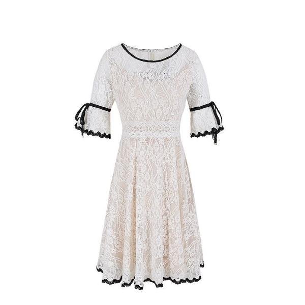 レディース　キャンディスリーブ　ボリュームスリーブ　レース　ワンピース　ドレス　ひざ上丈　ミニ丈　春　夏　スカート　カジュアル　キュート　可愛い　フェミニン　きれいめ　上品　エレガント　おしゃれ　お出かけ　ホワイト　S　M　L　XL　サイズ　送料無料
