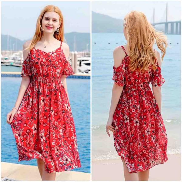 レディース　ショルダーカット　肩出し　肩見せ　オフショルダー　ワンピース　ドレス　ボタニカル柄　花柄　春　夏　スカート　カジュアル　キュート　可愛い　フェミニン　きれいめ　上品　エレガント　おしゃれ　お出かけ　レッド　S　M　L　XL　サイズ　送料無料