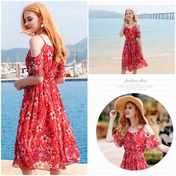 レディース　ショルダーカット　肩出し　肩見せ　オフショルダー　ワンピース　ドレス　ボタニカル柄　花柄　春　夏　スカート　カジュアル　キュート　可愛い　フェミニン　きれいめ　上品　エレガント　おしゃれ　お出かけ　レッド　S　M　L　XL　サイズ　送料無料