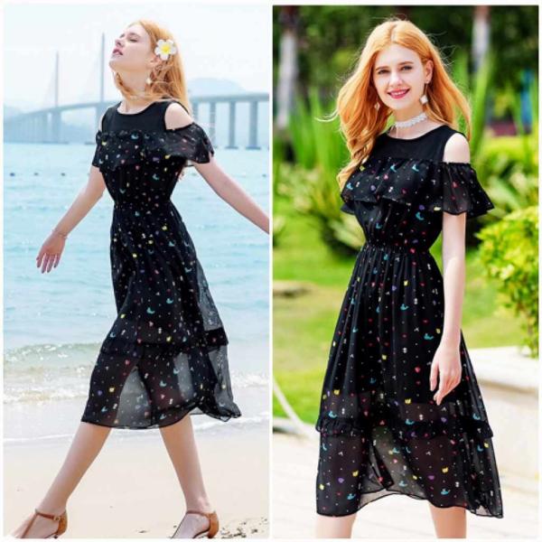 レディース　ショルダーカット　肩出し　肩見せ　オフショルダー　ワンピース　ドレス　ドット　春　夏　スカート　カジュアル　キュート　可愛い　フェミニン　きれいめ　上品　エレガント　おしゃれ　お出かけ　デイリー　ブラック　S　M　L　XL　サイズ　送料無料