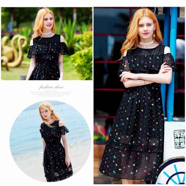 レディース　ショルダーカット　肩出し　肩見せ　オフショルダー　ワンピース　ドレス　ドット　春　夏　スカート　カジュアル　キュート　可愛い　フェミニン　きれいめ　上品　エレガント　おしゃれ　お出かけ　デイリー　ブラック　S　M　L　XL　サイズ　送料無料