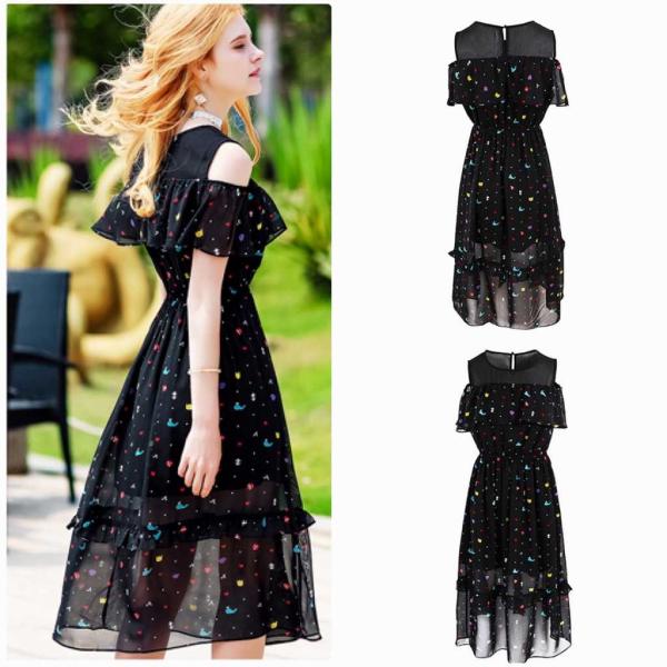 レディース　ショルダーカット　肩出し　肩見せ　オフショルダー　ワンピース　ドレス　ドット　春　夏　スカート　カジュアル　キュート　可愛い　フェミニン　きれいめ　上品　エレガント　おしゃれ　お出かけ　デイリー　ブラック　S　M　L　XL　サイズ　送料無料