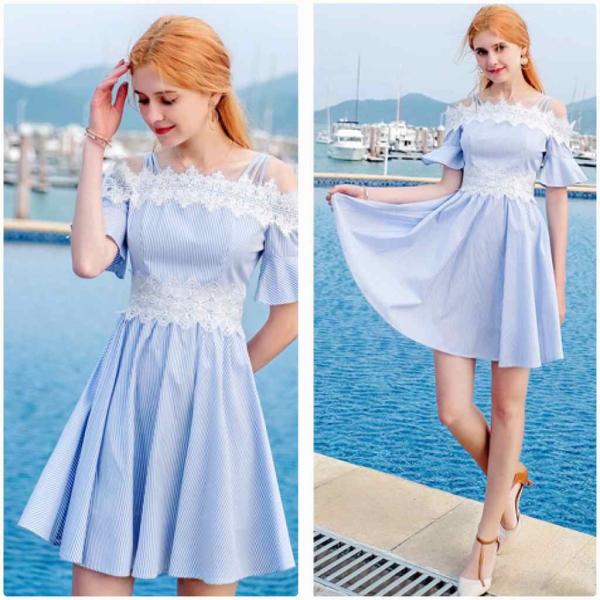 レディース　ショルダーカット　肩出し　肩見せ　オフショルダー　ワンピース　ドレス　ストライプ　春　夏　スカート　カジュアル　キュート　可愛い　フェミニン　きれいめ　上品　エレガント　おしゃれ　お出かけ　デイリー　ブルー　S　M　L　XL　サイズ　送料無料