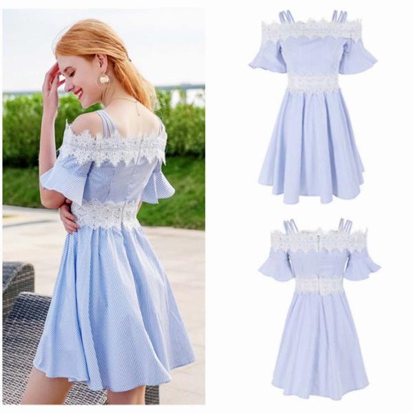 レディース　ショルダーカット　肩出し　肩見せ　オフショルダー　ワンピース　ドレス　ストライプ　春　夏　スカート　カジュアル　キュート　可愛い　フェミニン　きれいめ　上品　エレガント　おしゃれ　お出かけ　デイリー　ブルー　S　M　L　XL　サイズ　送料無料