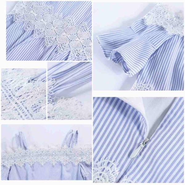 レディース　ショルダーカット　肩出し　肩見せ　オフショルダー　ワンピース　ドレス　ストライプ　春　夏　スカート　カジュアル　キュート　可愛い　フェミニン　きれいめ　上品　エレガント　おしゃれ　お出かけ　デイリー　ブルー　S　M　L　XL　サイズ　送料無料