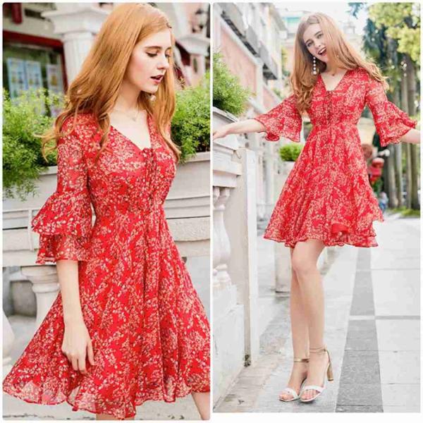 レディース　フレアスリーブ　ボリュームスリーブ　ワンピース　ドレス　ミニ丈　花柄　春　夏　スカート　カジュアル　キュート　可愛い　フェミニン　きれいめ　上品　エレガント　おしゃれ　お出かけ　デイリー　普段着　レッド　S　M　L　XL　サイズ　送料無料