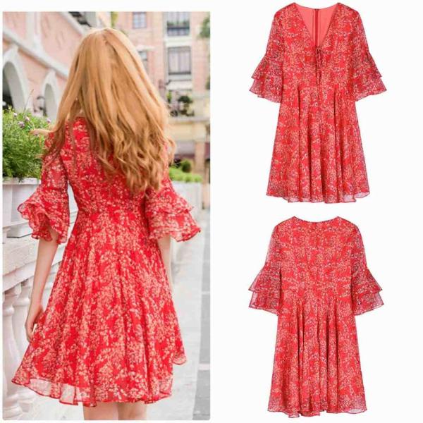 レディース　フレアスリーブ　ボリュームスリーブ　ワンピース　ドレス　ミニ丈　花柄　春　夏　スカート　カジュアル　キュート　可愛い　フェミニン　きれいめ　上品　エレガント　おしゃれ　お出かけ　デイリー　普段着　レッド　S　M　L　XL　サイズ　送料無料