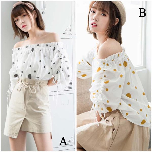 レディース　肩出し　肩見せ　オフショルダー　ブラウス　ドット　シャツ　春　夏　トップス　カジュアル　キュート　可愛い　フェミニン　きれいめ　上品　エレガント　おしゃれ　お出かけ　デイリー　普段着　ホワイト×ブラック　ホワイト×イエロー　送料無料