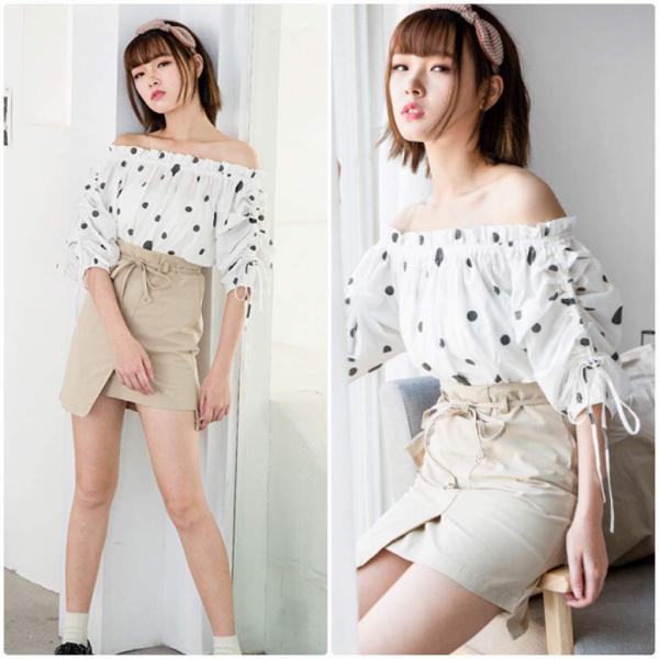 レディース　肩出し　肩見せ　オフショルダー　ブラウス　ドット　シャツ　春　夏　トップス　カジュアル　キュート　可愛い　フェミニン　きれいめ　上品　エレガント　おしゃれ　お出かけ　デイリー　普段着　ホワイト×ブラック　ホワイト×イエロー　送料無料