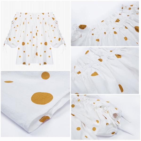 レディース　肩出し　肩見せ　オフショルダー　ブラウス　ドット　シャツ　春　夏　トップス　カジュアル　キュート　可愛い　フェミニン　きれいめ　上品　エレガント　おしゃれ　お出かけ　デイリー　普段着　ホワイト×ブラック　ホワイト×イエロー　送料無料