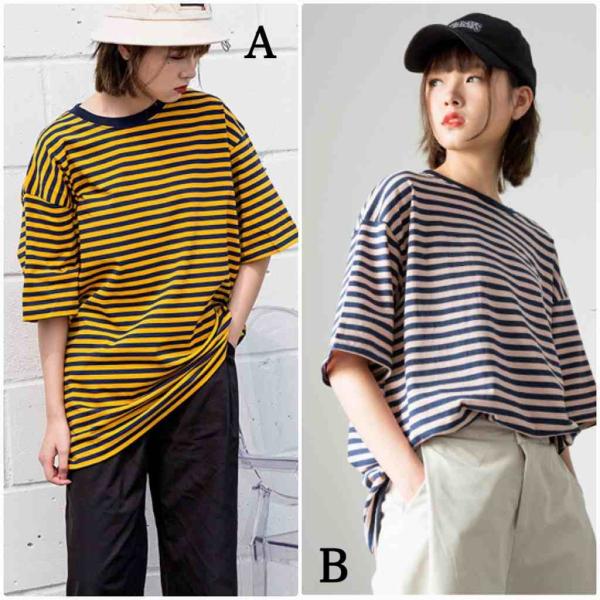 レディース　Tシャツ　カットソー　ボーダー　半袖　ショートスリーブ　夏　春　クルーネック　トップス　カジュアル　キュート　大人　可愛い　フェミニン　おしゃれ　お出かけ　普段着　デイリー　ブラック×イエロー　ブラック×イエロー　S　M　L　サイズ　送料無料