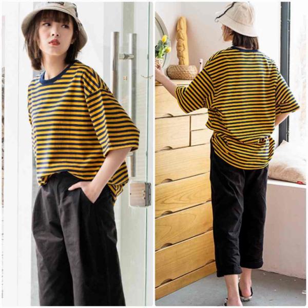 レディース　Tシャツ　カットソー　ボーダー　半袖　ショートスリーブ　夏　春　クルーネック　トップス　カジュアル　キュート　大人　可愛い　フェミニン　おしゃれ　お出かけ　普段着　デイリー　ブラック×イエロー　ブラック×イエロー　S　M　L　サイズ　送料無料