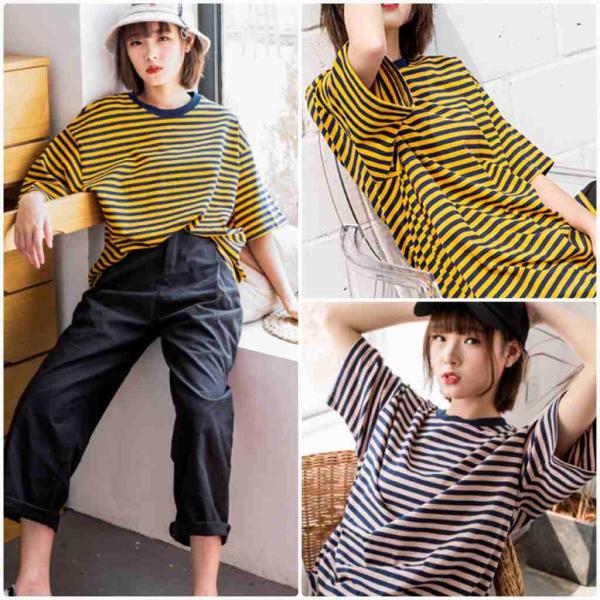 レディース　Tシャツ　カットソー　ボーダー　半袖　ショートスリーブ　夏　春　クルーネック　トップス　カジュアル　キュート　大人　可愛い　フェミニン　おしゃれ　お出かけ　普段着　デイリー　ブラック×イエロー　ブラック×イエロー　S　M　L　サイズ　送料無料