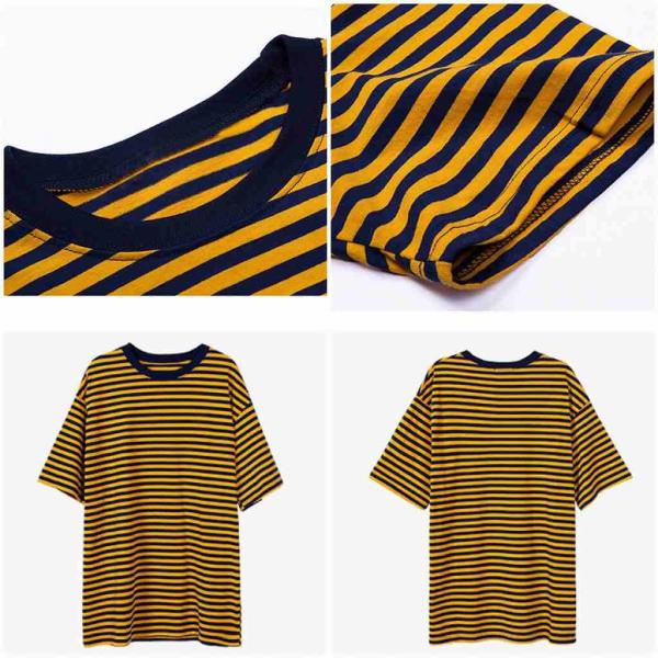 レディース　Tシャツ　カットソー　ボーダー　半袖　ショートスリーブ　夏　春　クルーネック　トップス　カジュアル　キュート　大人　可愛い　フェミニン　おしゃれ　お出かけ　普段着　デイリー　ブラック×イエロー　ブラック×イエロー　S　M　L　サイズ　送料無料