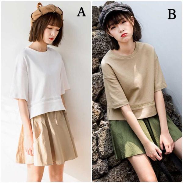 レディース　Tシャツ　カットソー　無地　半袖　ショートスリーブ　夏　春　ラウンドネック　トップス　カジュアル　キュート　大人　可愛い　フェミニン　おしゃれ　お出かけ　普段着　デイリー　ホワイト　ブラウン　S　M　L　サイズ　送料無料