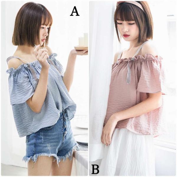 レディース　肩出し　肩見せ　オフショルダー　ストライプ　ブラウス　シャツ　半袖　春　夏　トップス　カジュアル　キュート　可愛い　フェミニン　きれいめ　上品　エレガント　おしゃれ　お出かけ　デイリー　普段着　ブルー　ピンク　S　M　L　XL　サイズ　送料無料