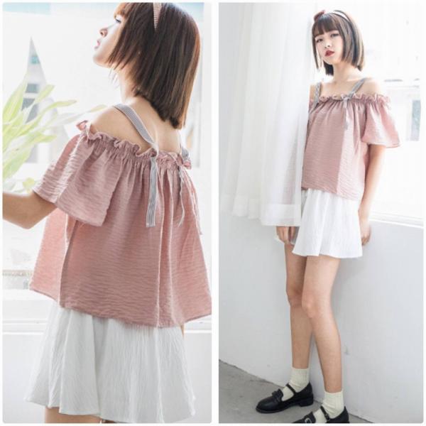 レディース　肩出し　肩見せ　オフショルダー　ストライプ　ブラウス　シャツ　半袖　春　夏　トップス　カジュアル　キュート　可愛い　フェミニン　きれいめ　上品　エレガント　おしゃれ　お出かけ　デイリー　普段着　ブルー　ピンク　S　M　L　XL　サイズ　送料無料