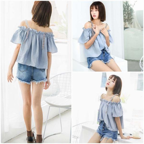 レディース　肩出し　肩見せ　オフショルダー　ストライプ　ブラウス　シャツ　半袖　春　夏　トップス　カジュアル　キュート　可愛い　フェミニン　きれいめ　上品　エレガント　おしゃれ　お出かけ　デイリー　普段着　ブルー　ピンク　S　M　L　XL　サイズ　送料無料