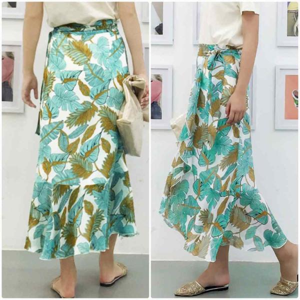 レディース　シフォン　スカート　ハイウエスト　ボタニカル柄　ロング丈　春　夏　ボトムス　カジュアル　キュート　大人　可愛い　フェミニン　きれいめ　おしゃれ　お出かけ　デイリー　オフィス　普段着　グリーン　フリーサイズ　ワンサイズ　送料無料