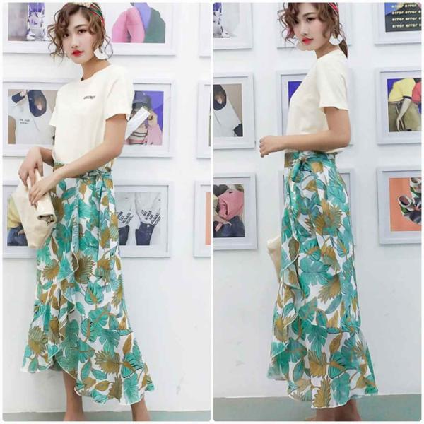 レディース　シフォン　スカート　ハイウエスト　ボタニカル柄　ロング丈　春　夏　ボトムス　カジュアル　キュート　大人　可愛い　フェミニン　きれいめ　おしゃれ　お出かけ　デイリー　オフィス　普段着　グリーン　フリーサイズ　ワンサイズ　送料無料