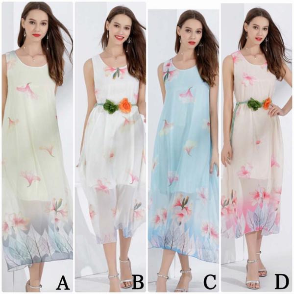 レディース　花柄　シフォン　ワンピース　ドレス　ミモレ丈　ノースリーブ　透け感　透け素材　春　夏　スカート　カジュアル　可愛い　フェミニン　きれいめ　上品　エレガント　おしゃれ　お出かけ　ホワイト　イエロー　ブルー　ピンク　フリーサイズ　送料無料