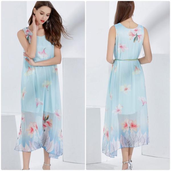 レディース　花柄　シフォン　ワンピース　ドレス　ミモレ丈　ノースリーブ　透け感　透け素材　春　夏　スカート　カジュアル　可愛い　フェミニン　きれいめ　上品　エレガント　おしゃれ　お出かけ　ホワイト　イエロー　ブルー　ピンク　フリーサイズ　送料無料