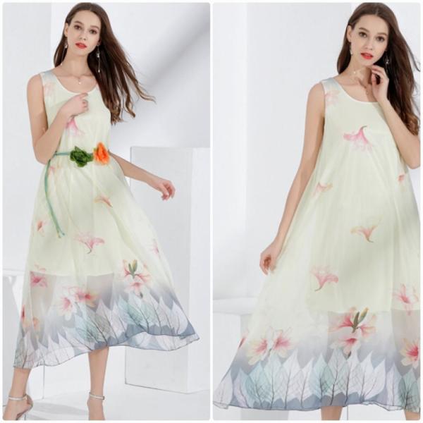 レディース　花柄　シフォン　ワンピース　ドレス　ミモレ丈　ノースリーブ　透け感　透け素材　春　夏　スカート　カジュアル　可愛い　フェミニン　きれいめ　上品　エレガント　おしゃれ　お出かけ　ホワイト　イエロー　ブルー　ピンク　フリーサイズ　送料無料