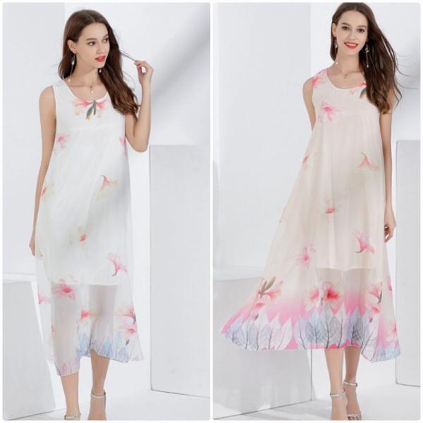 レディース　花柄　シフォン　ワンピース　ドレス　ミモレ丈　ノースリーブ　透け感　透け素材　春　夏　スカート　カジュアル　可愛い　フェミニン　きれいめ　上品　エレガント　おしゃれ　お出かけ　ホワイト　イエロー　ブルー　ピンク　フリーサイズ　送料無料