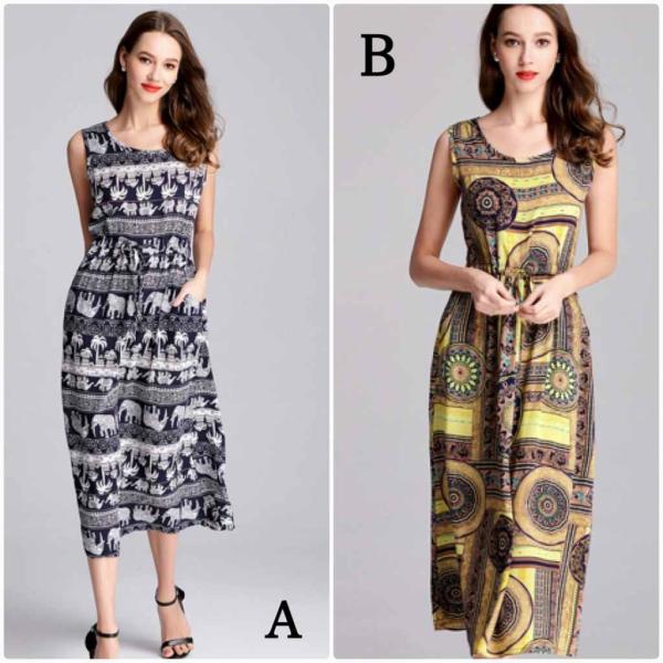 レディース　大きいサイズ　ワンピース　ドレス　ミモレ丈　ノースリーブ　プリント　春　夏　スカート　カジュアル　キュート　可愛い　フェミニン　きれいめ　上品　エレガント　おしゃれ　お出かけ　デイリー　普段着　グレー　ブラウン　L　XL　2XL　送料無料