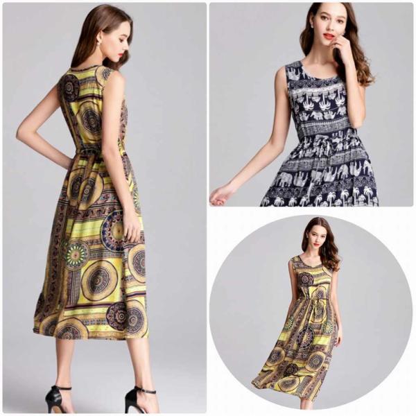 レディース　大きいサイズ　ワンピース　ドレス　ミモレ丈　ノースリーブ　プリント　春　夏　スカート　カジュアル　キュート　可愛い　フェミニン　きれいめ　上品　エレガント　おしゃれ　お出かけ　デイリー　普段着　グレー　ブラウン　L　XL　2XL　送料無料