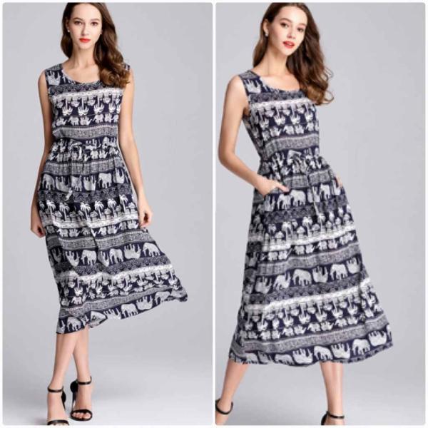 レディース　大きいサイズ　ワンピース　ドレス　ミモレ丈　ノースリーブ　プリント　春　夏　スカート　カジュアル　キュート　可愛い　フェミニン　きれいめ　上品　エレガント　おしゃれ　お出かけ　デイリー　普段着　グレー　ブラウン　L　XL　2XL　送料無料