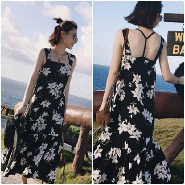 レディース　ワンピース　ドレス　ミモレ丈　ノースリーブ　花柄　春　夏　スカート　カジュアル　キュート　可愛い　フェミニン　きれいめ　上品　エレガント　おしゃれ　お出かけ　デイリー　普段着　ブラック　S　M　L　XL　サイズ　送料無料