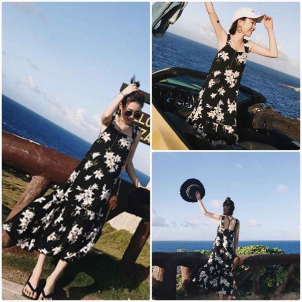 レディース　ワンピース　ドレス　ミモレ丈　ノースリーブ　花柄　春　夏　スカート　カジュアル　キュート　可愛い　フェミニン　きれいめ　上品　エレガント　おしゃれ　お出かけ　デイリー　普段着　ブラック　S　M　L　XL　サイズ　送料無料