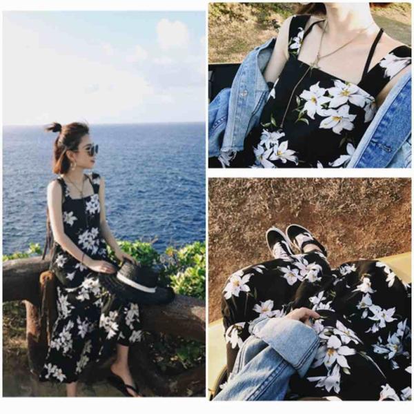 レディース　ワンピース　ドレス　ミモレ丈　ノースリーブ　花柄　春　夏　スカート　カジュアル　キュート　可愛い　フェミニン　きれいめ　上品　エレガント　おしゃれ　お出かけ　デイリー　普段着　ブラック　S　M　L　XL　サイズ　送料無料