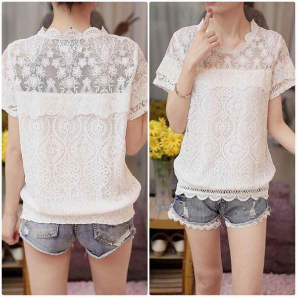 レディース　大きいサイズ　スカラップ　レース　ブラウス　シャツ　半袖　春　夏　トップス　カジュアル　キュート　可愛い　フェミニン　きれいめ　上品　エレガント　おしゃれ　お出かけ　デイリー　普段着　ホワイト　M　L　XL　2XL　サイズ　送料無料