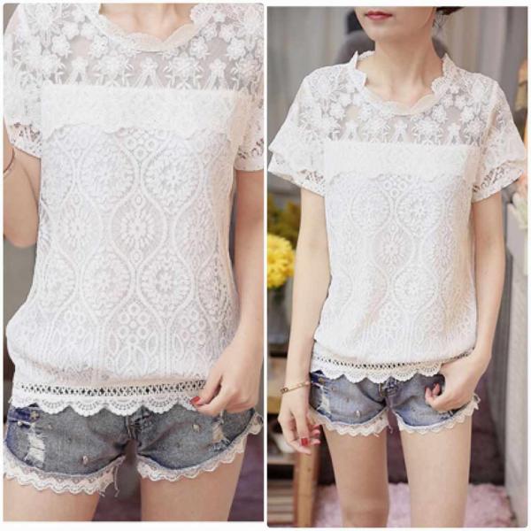 レディース　大きいサイズ　スカラップ　レース　ブラウス　シャツ　半袖　春　夏　トップス　カジュアル　キュート　可愛い　フェミニン　きれいめ　上品　エレガント　おしゃれ　お出かけ　デイリー　普段着　ホワイト　M　L　XL　2XL　サイズ　送料無料