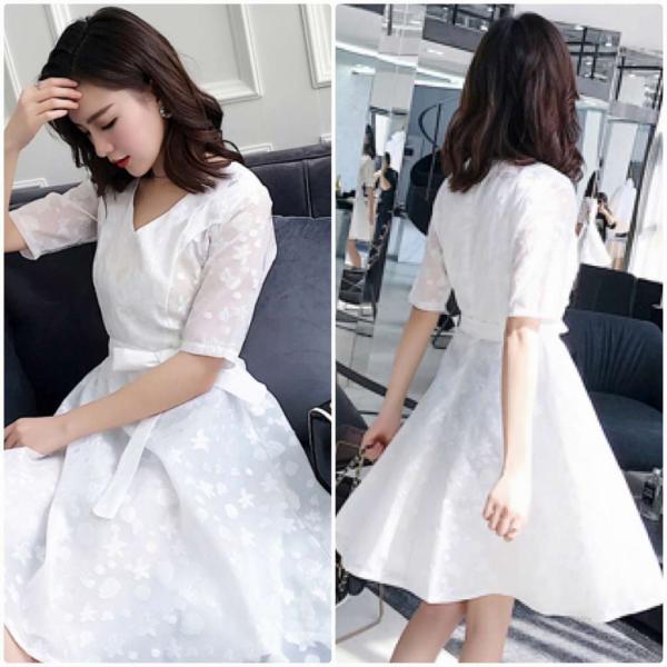 レディース Vネック ワンピース ミディ丈 透け感 透け素材 春 夏 スカート カジュアル キュート 可愛い フェミニン きれいめ 上品 エレガント おしゃれ お出かけ デイリー 普段着 ホワイト ネイビー S M L XL サイズ 送料無料