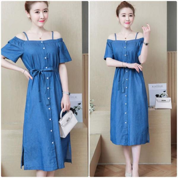 レディース デニム ワンピース 肩出し 肩見せ オフショルダー ストラップ ミディ丈 春 夏 スカート カジュアル キュート 可愛い フェミニン きれいめ 上品 エレガント おしゃれ お出かけ デイリー 普段着 ブルー S M L XL サイズ 送料無料