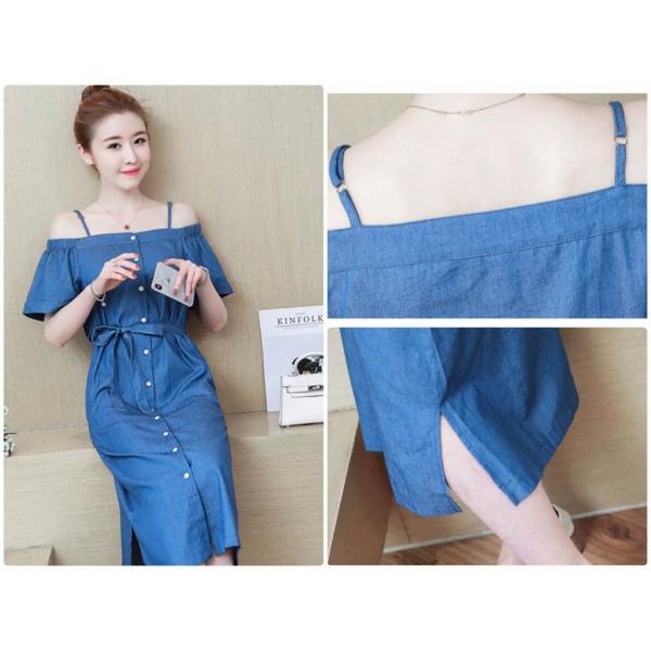 レディース デニム ワンピース 肩出し 肩見せ オフショルダー ストラップ ミディ丈 春 夏 スカート カジュアル キュート 可愛い フェミニン きれいめ 上品 エレガント おしゃれ お出かけ デイリー 普段着 ブルー S M L XL サイズ 送料無料