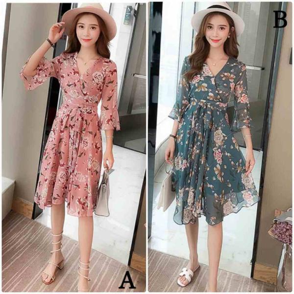 レディース ワンピース Vネック フレアスリーブ 花柄 ボタニカル柄 ボリュームスリーブ 春 夏 スカート カジュアル キュート 可愛い フェミニン きれいめ 上品 エレガント おしゃれ お出かけ レッド グリーン S M L XL サイズ 送料無料