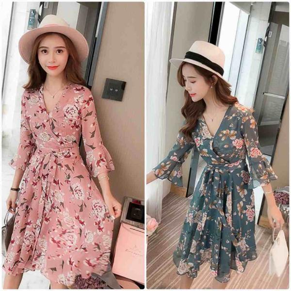 レディース ワンピース Vネック フレアスリーブ 花柄 ボタニカル柄 ボリュームスリーブ 春 夏 スカート カジュアル キュート 可愛い フェミニン きれいめ 上品 エレガント おしゃれ お出かけ レッド グリーン S M L XL サイズ 送料無料