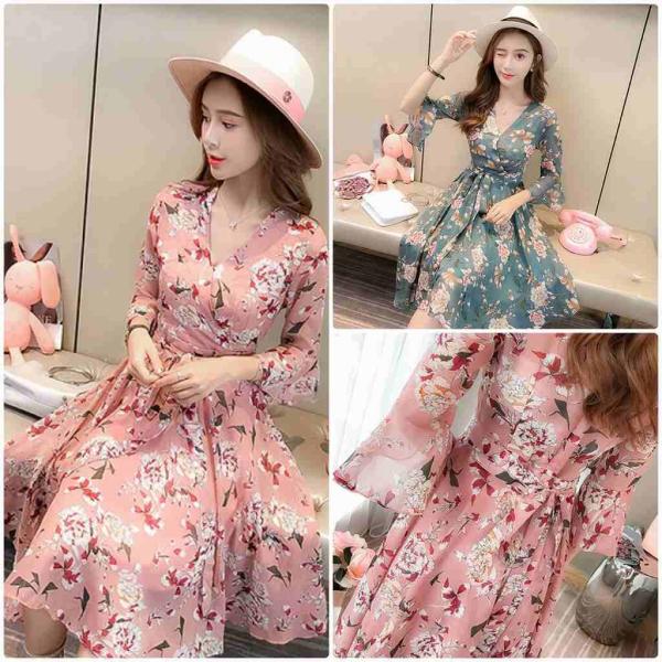 レディース ワンピース Vネック フレアスリーブ 花柄 ボタニカル柄 ボリュームスリーブ 春 夏 スカート カジュアル キュート 可愛い フェミニン きれいめ 上品 エレガント おしゃれ お出かけ レッド グリーン S M L XL サイズ 送料無料